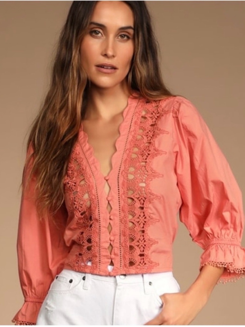 Free People Pink Peach Lace Cutout Button Front Blouse Top Small Boho Festival